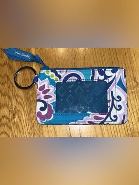 Vera Bradley Zip ID Case Wallet Keychain Waikiki Blue Purple Paisley Compact
